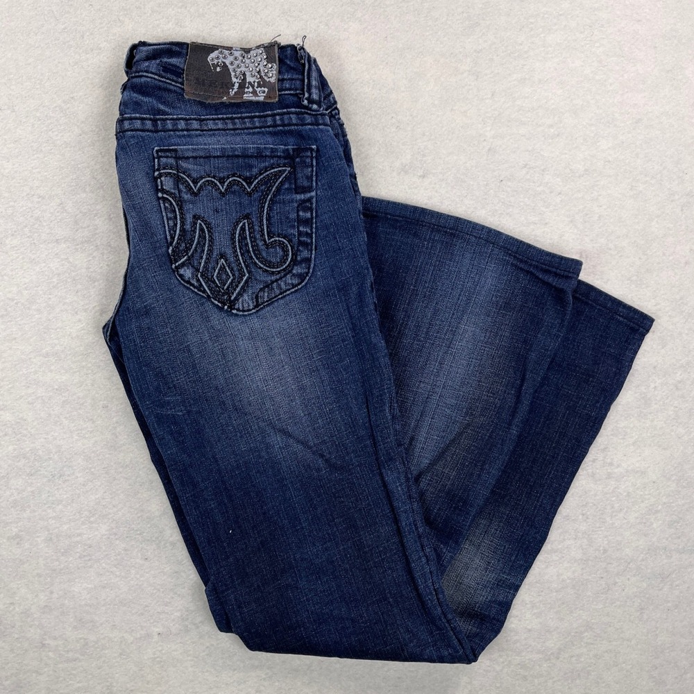 Y2K Mek Denim Beijing Bootcut Jeans Dark Wash Embroidered Low Rise 25x34 (25x28)